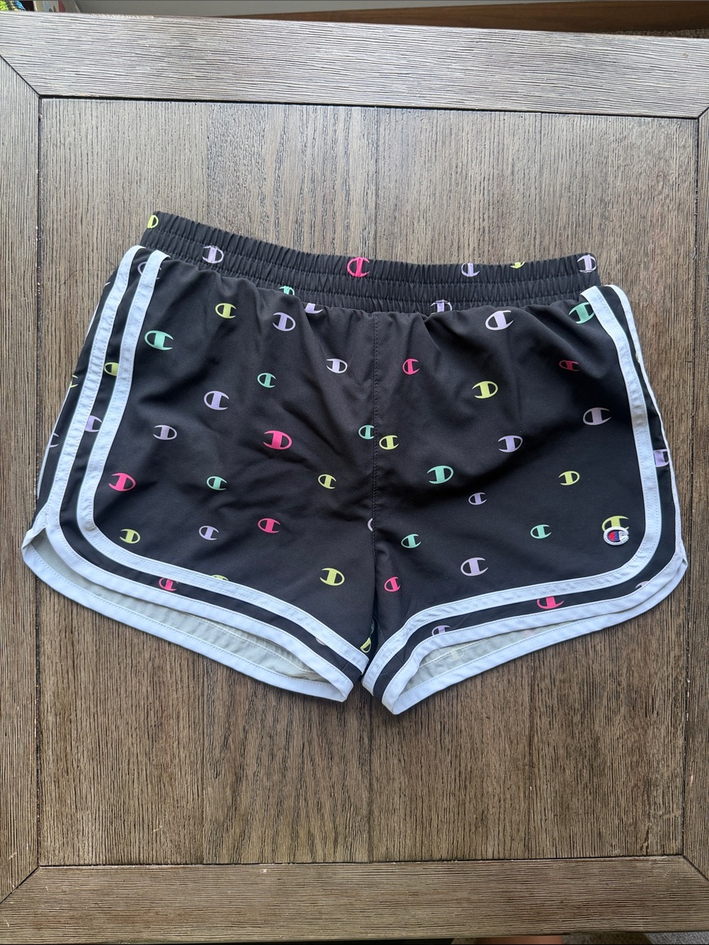 Champion Black Athletic Shorts with Multicolor Logo Print